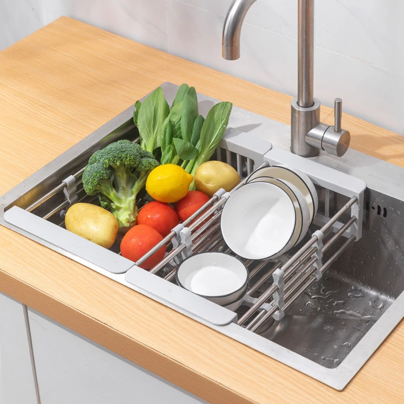 Retractable Stainless Steel Sink Strainer Drain Vegetable Fruit Drainer Basket Rack Storage Tool Sink Filter Rack Shelf