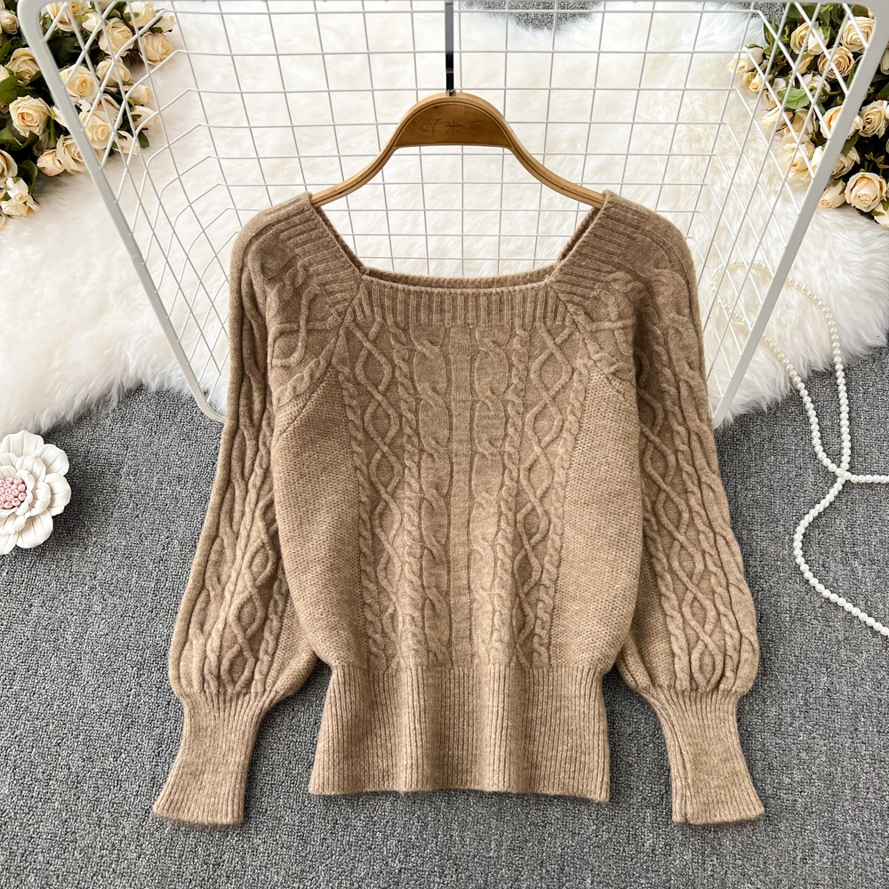 

Autumn/winter Korean Version Retro Style Square Collar Slim Body Twist Sweater High Waist Short Long Sleeved Sweater Top