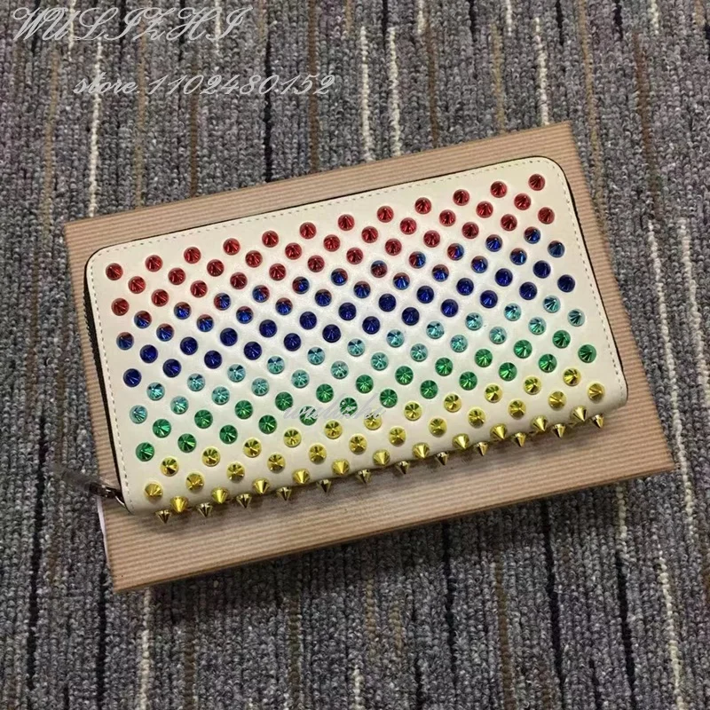 Colored Crystal Leather Clutch Bag Women Luxury Men Wallet Red Rivets Diamond Flash Zip Opening Dress Party Business Custom Bag