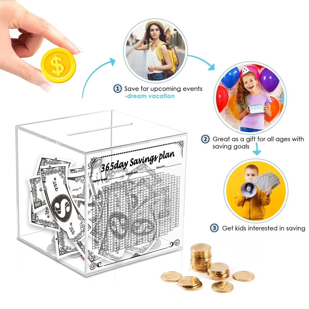365 Day Acrylic Piggy Bank Challenge And Budget Planner To 10K Goal Childrens And Adult Cash Piggy 15*15*15cm 3