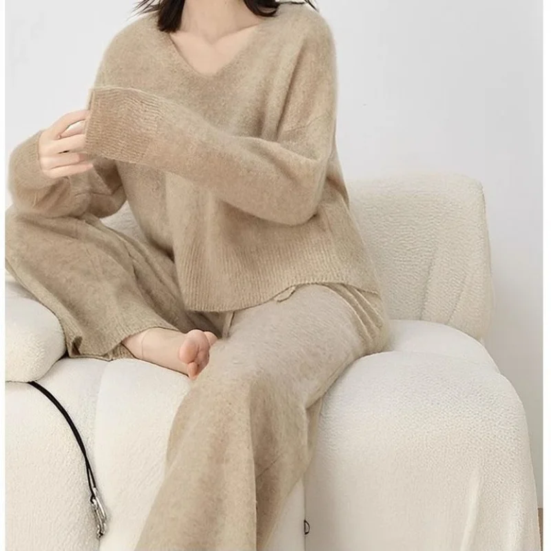 Idle Style Design Thick Inner Knitted Sweater Wide Leg Pants Two-Piece Suit Women's Clothing Season