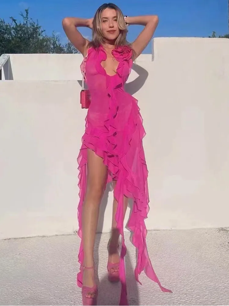 

Summer New 2023 Women Luxury Sexy Backless Halter Ruffles Pink Midi Bodycon Gowns Dress Elegant Evening Party Club Dress