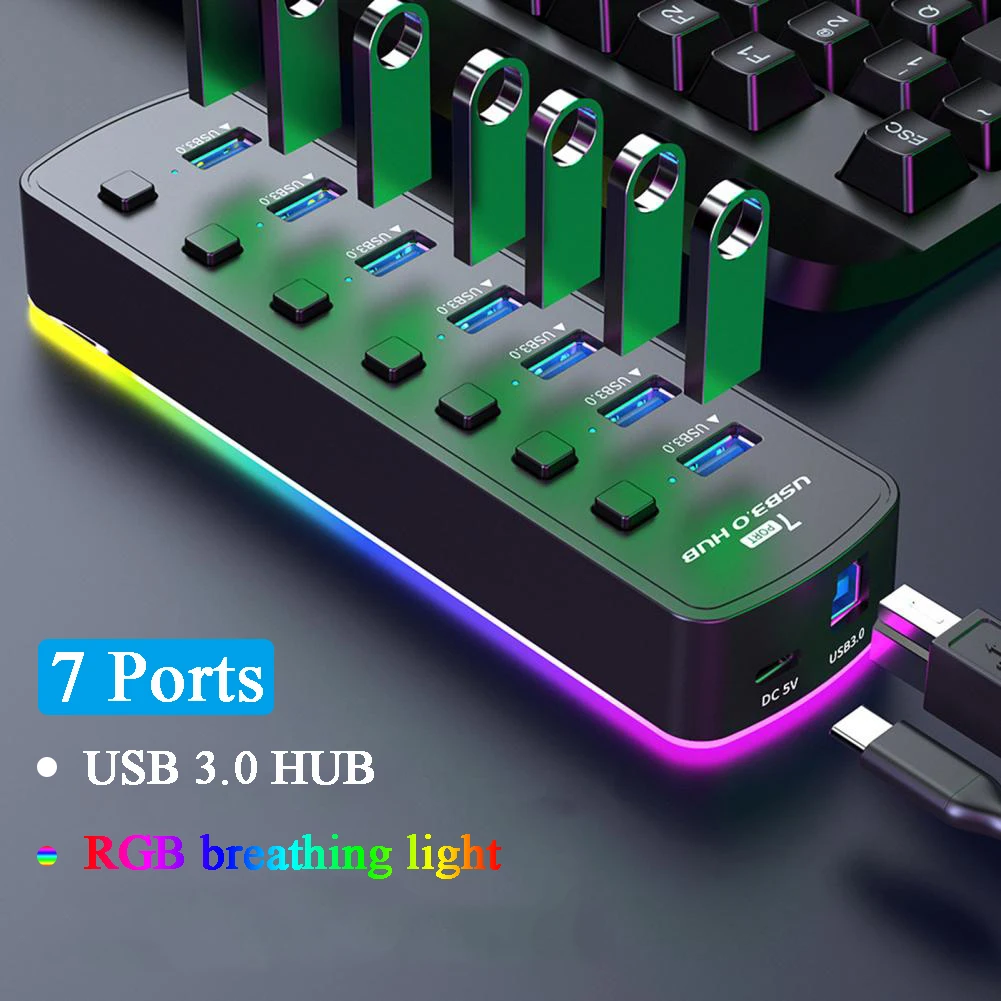 개별 온 오프 스위치 분배기, 게이밍 USB 허브, 노트북 PC 컴퓨터 액세서리용, RGB USB 3.0 허브, 7 포트 데이터 포트 어댑터, 5Gbps Best Top5 개별 온 오프 스위치 분배기, 게이밍 USB 허브, 노트북 PC 컴퓨터 액세서리용, RGB USB 3.0 허브, 7 포트 데이터 포트 어댑터, 5Gbps Best Top5