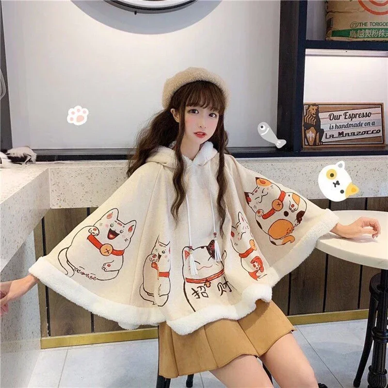 

Cute Cat Ears Girl Warm Cloak Autumn and Winter Harajuku Lolita Velvet Thick Kawaii Shawl Student Anime Coat Cartoon Accessories