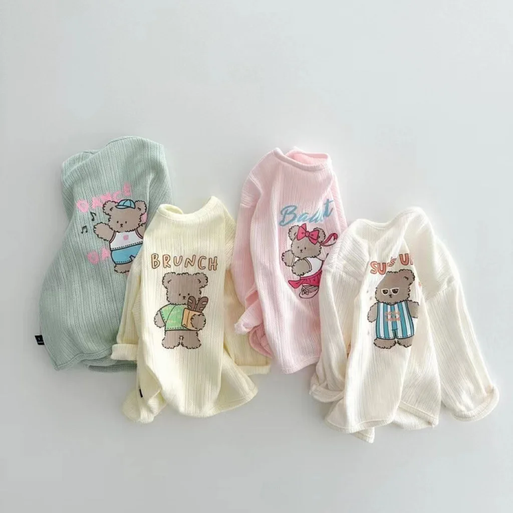긴팔 코튼 가디건, 얇은 통기성, 소녀 자외선 차단 재킷, 소년 귀여운 곰 프린트 코트 의류, 2025 여름 신상