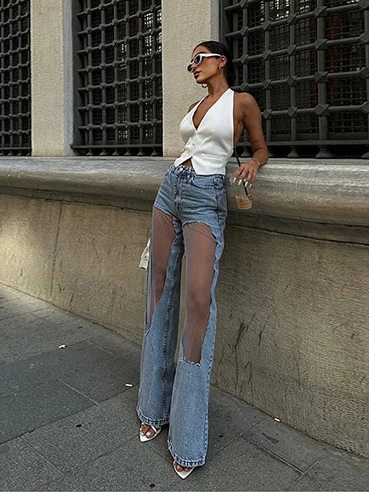 Y2k Cut-out Gradient Woman's Denim Pants Mesh Patchwork Low Rise Jeans for Women Baggy Wide Leg Dragging Vintage Denim Trousers 4