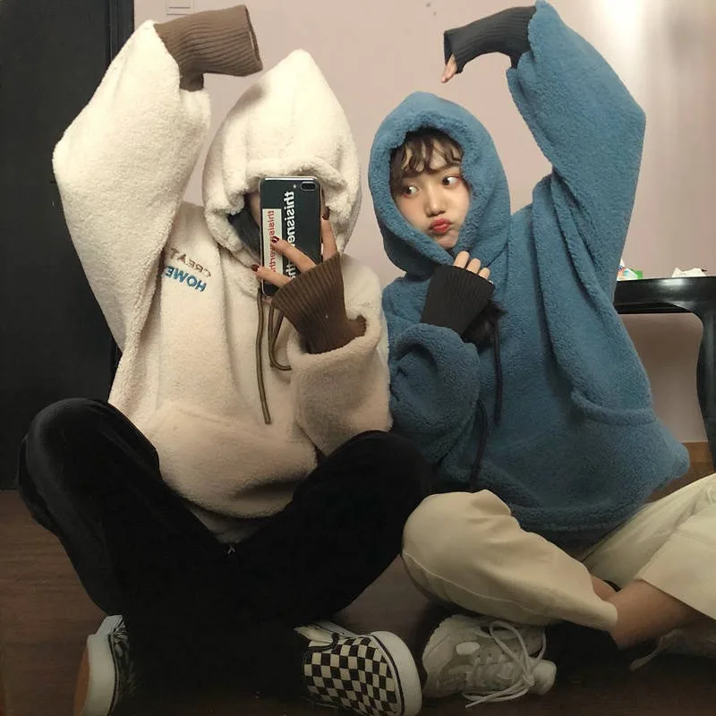 

Plush Women Hoodie Autumn Color Loose Pullover Hooded Korean Fashion Cold-proof Thicken Soft Winter Hooded Sweatshirts Худи 후드티