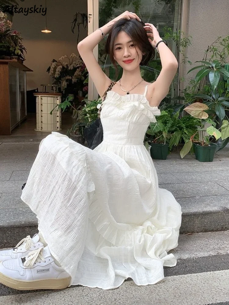 

White Dress Women Sweet Ruffles Summer Sleeveless Princess Aesthetic A-line Sundress Holiday Leisure French Style Designed 2023