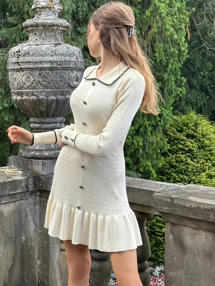 JULISSA MO Knitted Turn-down Collar Women Dress White Long Sleeve Single Breasted Dress Female Autumn Skinny Elegant Streetwear