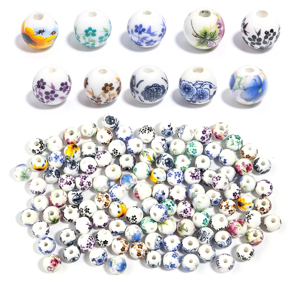 Handmade Blue and White Ceramic Flower Beads – 50Pcs Set