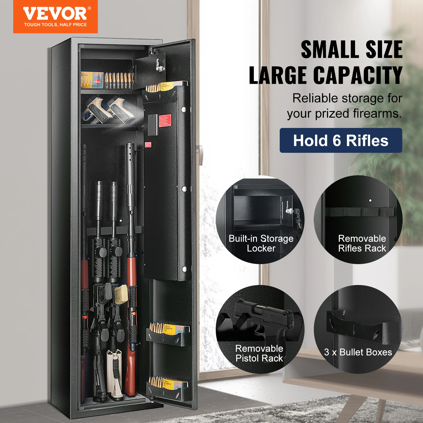 VEVOR 6 Rifles Gun Safe Rifle Safe W/ Fingerprint & Digital Keypad Lock Removable Gun Storage Cabinet W/ Built-in Storage Locker