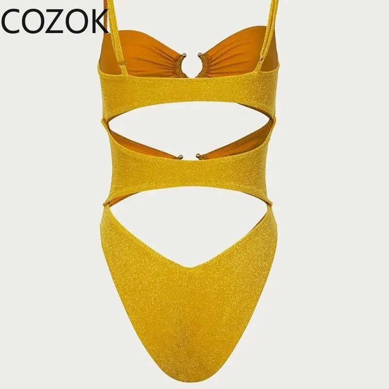 2023 Sexy Solid Gold One Piece Swimsuit Women Swimwear Push Up Bathing Suit Hollow Out Monokini Swimsuit Padded Swimming Suit