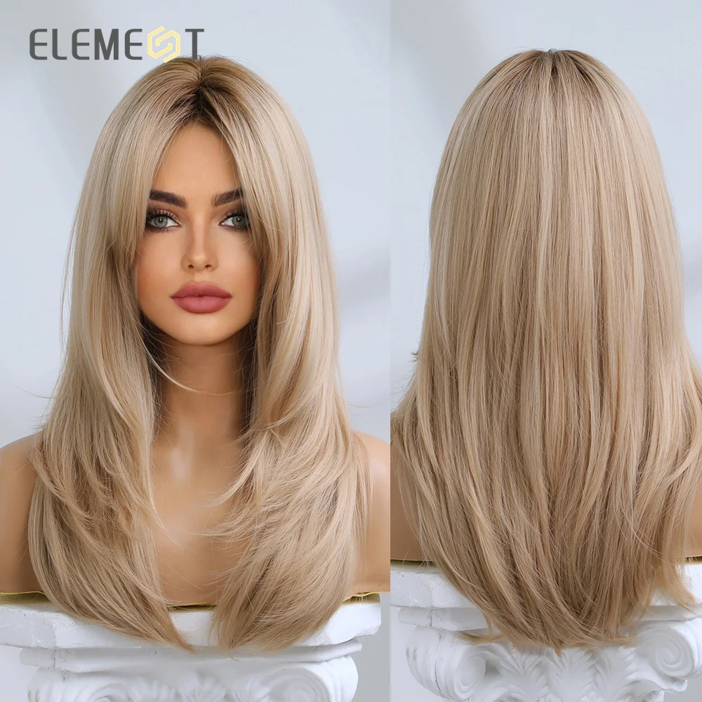 Element Synthetic Fiber Wigs for Women Long Straight Wavy Brown Blonde Wig with Bangs Heat Resistant Fashion Natural Daily Party women s wig eight character bangs long daily gradient blonde mid length hair tail curl wig high temperature silk headgear