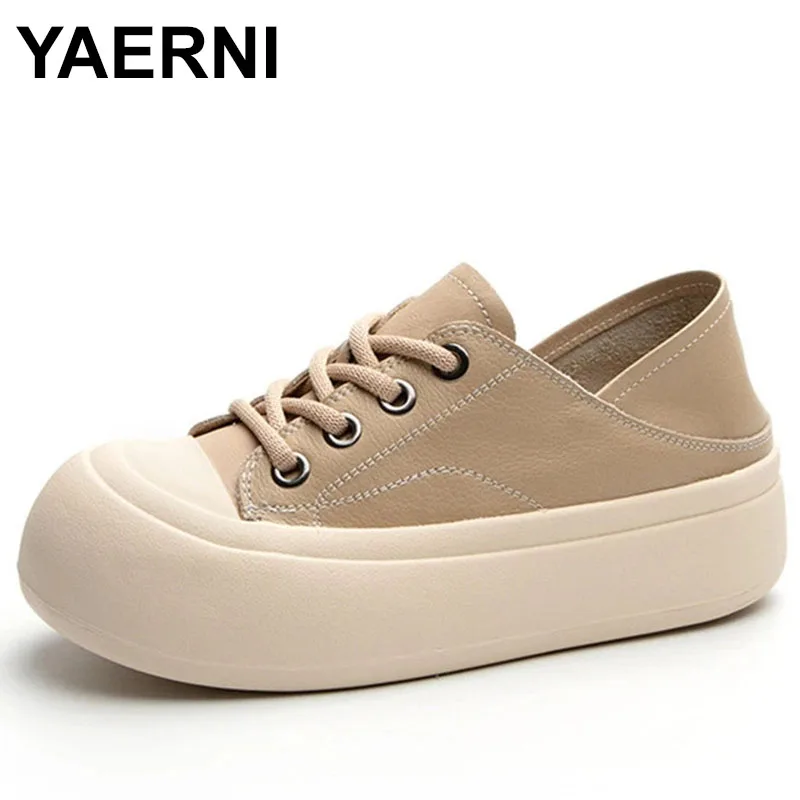 

2023 Summer Hollow Breathable Shoes Women Genuine Leather Round Toe Lace-Up Casual Sneakers Ladies Chunky Platform Shoes