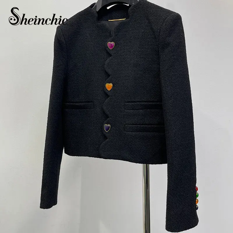 

Korean Fashion Streetwear Y2k 2023 Spring Autumn Heart Rivet Tweed Jacket for Women Elegant Black Wool & Blends Coats Outwears