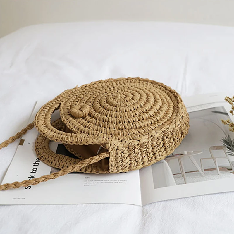 Round Straw Crossbody Bag Handmade Woven Small Shoulder Bag For Women Summer Beach Circle Bohemia Travel Handbag and Purse