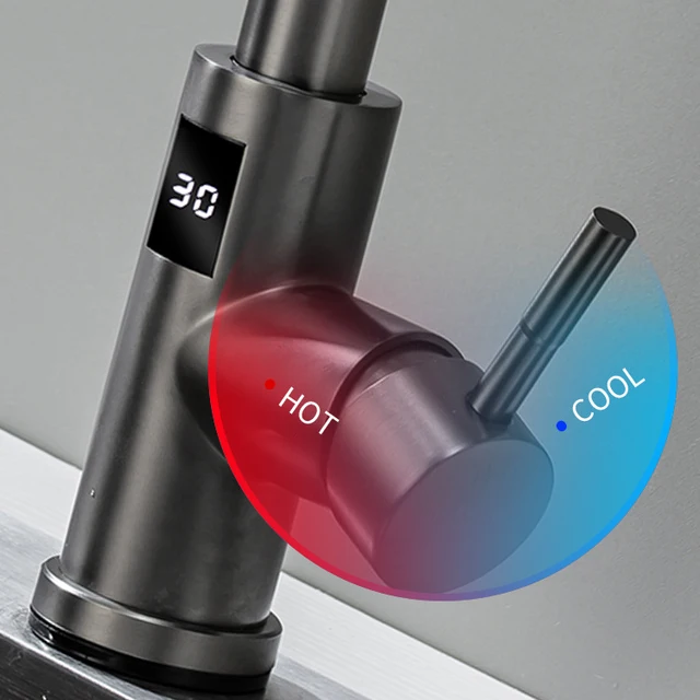 ก๊อกน้ำอ่างล้างจานแบบดิจิตอลสีเทา พร้อมหัวฉีดแบบดึงลง ก๊อกผสมน้ำร้อนน้ำเย็นแบบสัมผัสสำหรับห้องครัว 5 ก๊อกน้ำอ่างล้างจานแบบดิจิตอลสีเทา พร้อมหัวฉีดแบบดึงลง ก๊อกผสมน้ำร้อนน้ำเย็นแบบสัมผัสสำหรับห้องครัว 5