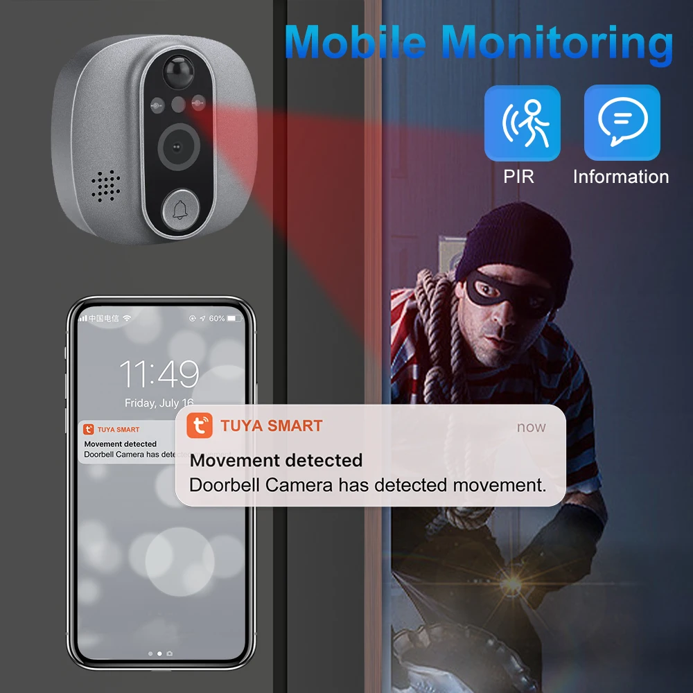 Tuya Video Doorbell 1080P WiFi Peephole Camera Door Bell PIR Cat Eye 4.3 Inch Home Digital Door Viewer for Security Protection