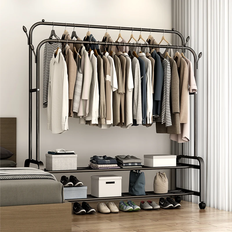 

Household clothes hanger, movable double pole clothes hanger, simple bedroom
