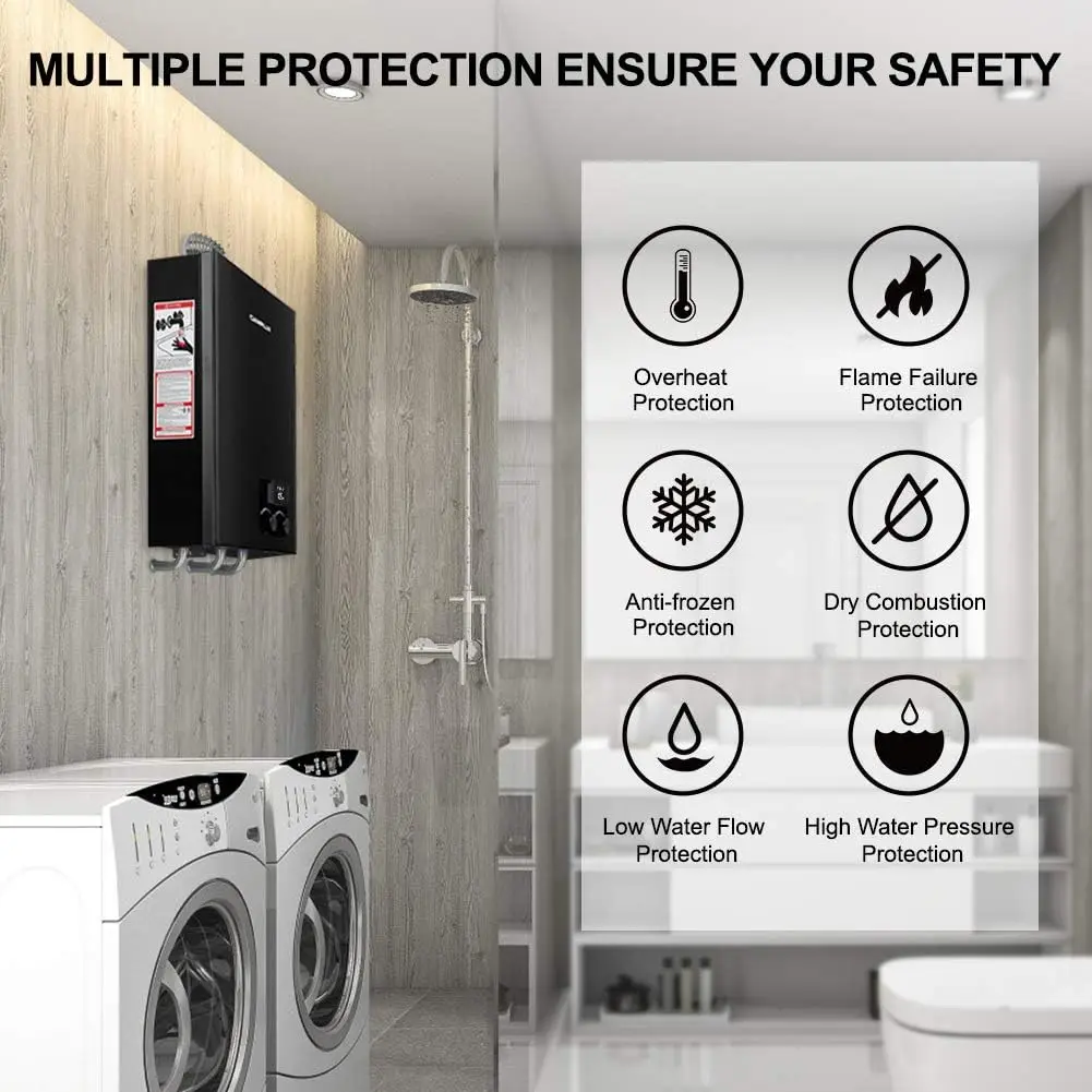Gas Tankless Heater Indoor, 2.64 GPM, CM264 Propane Tankless Water Heater, 68,000 BTU On Demand Instant Hot Water Heater, Black