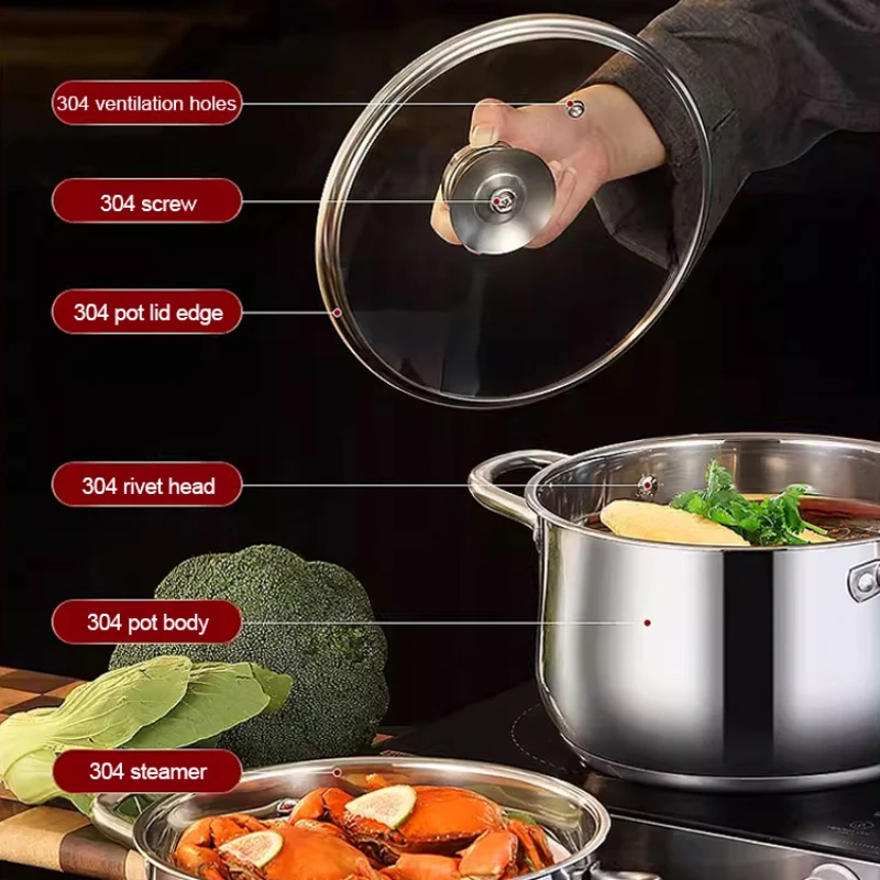 304 Stainless Steel Thickened Apple Pot 24cm Thickened with Double Handles Household Soup Pot Milk