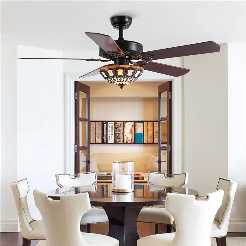 

Tiffany Style Ceiling Fan Light 110V 220V Wood Blades Fans Living Room Dining Room Retro Remote Control Color Glas 52 Inch Fan