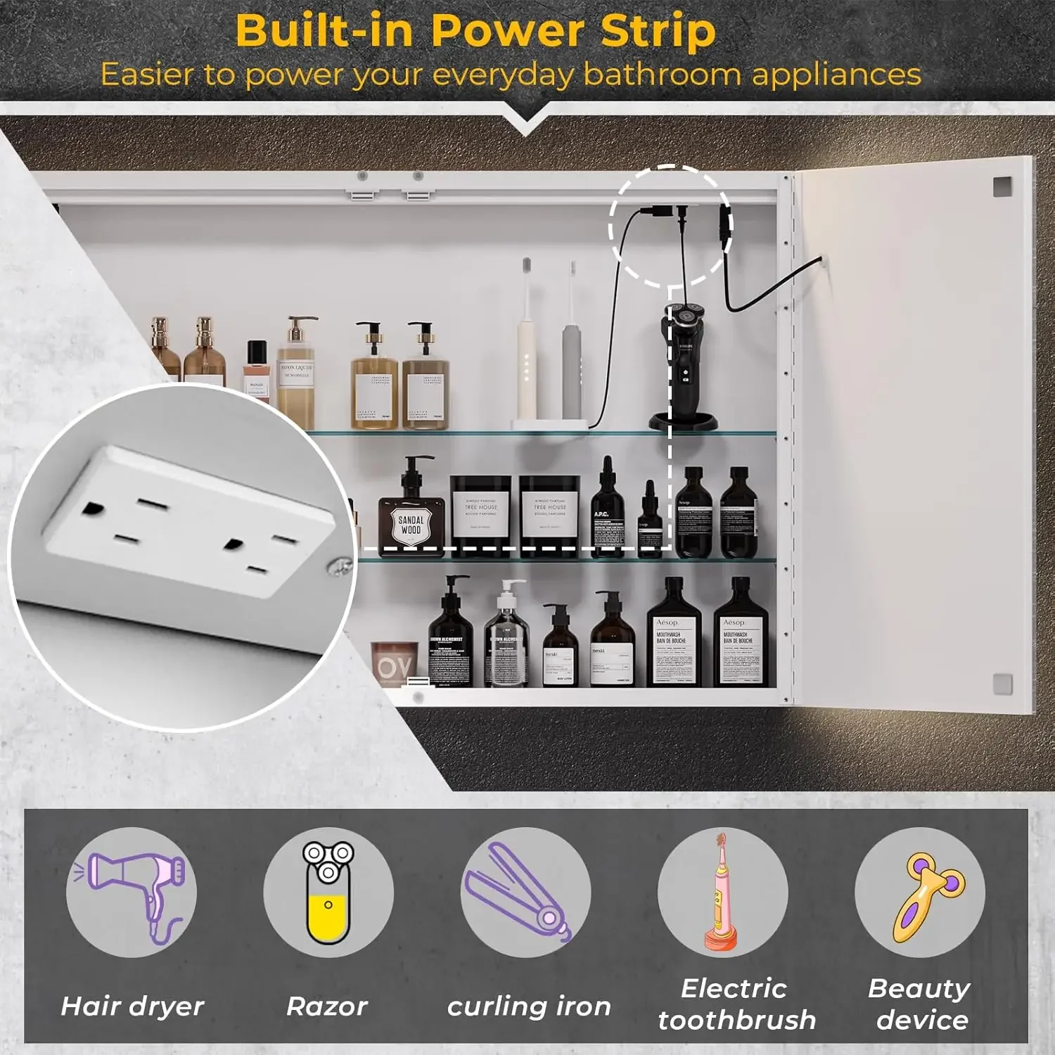 Lighted Medicine Cabinet with Mirror, Wall Mounted Bathroom Mirror with Storage, 2 Doors Bathroom Wall Cabinet, 35.4'' x 23.6''