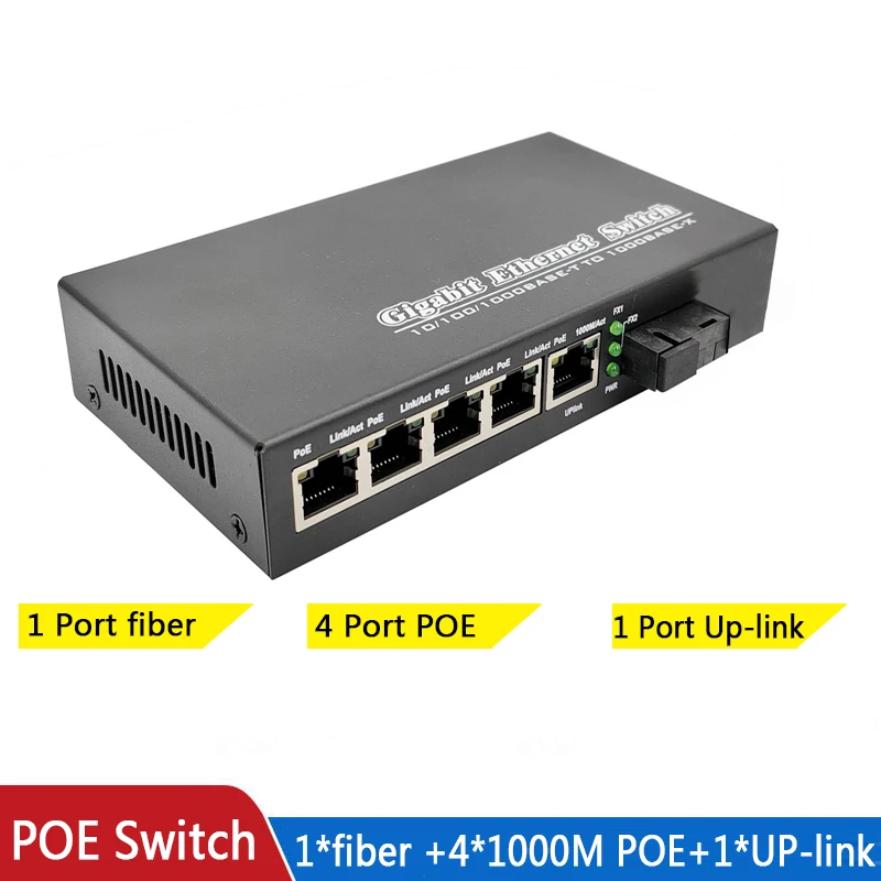 poe switch 1 SC fiber port 5 RJ45 Gigabit ethernet poe 10/100/1000M media conve