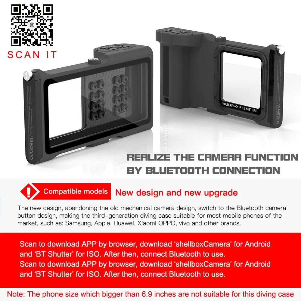 ShellBox 3rd Gen Waterproof Diving Case for Iphone with Bluetooth Shutter Grip 15 Meter Underwater 1/4 Screw Hole for Bracket