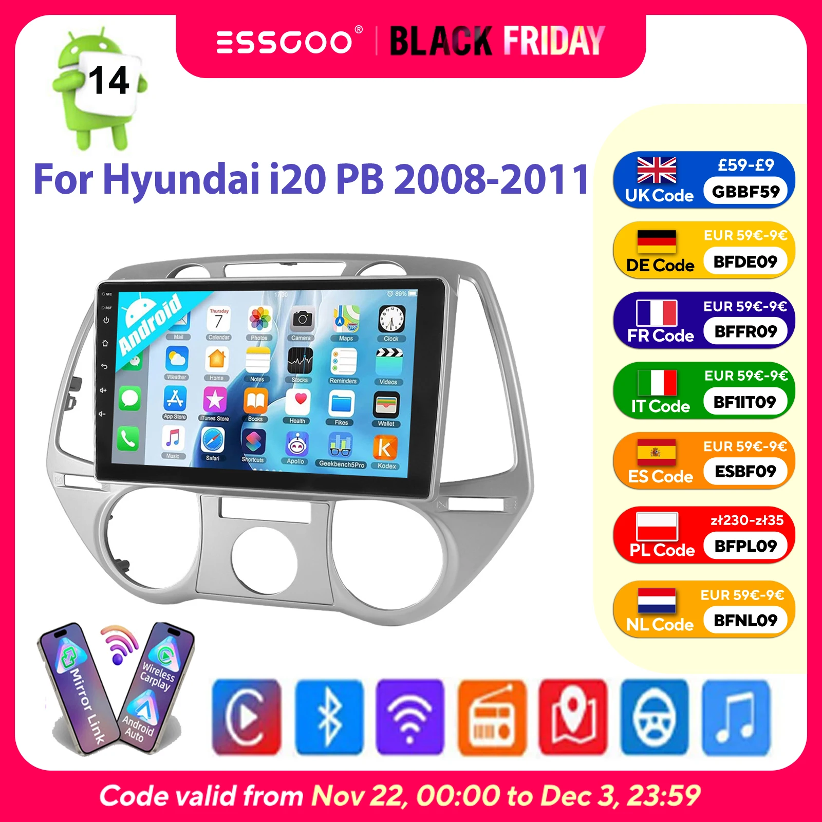 ESSGOO IPS Touchscreen Display Wireless CarPlay Android Auto Android 14 9" Für Hyundai i20 PB 2008-2011 Autoradio GPS Navigation USB FM Wifi Bluetooth Lenkradsteuerung Mirror Link RDS 2+32G/2+64G/4+64G