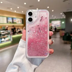 Shimmering Glitter Quicksand Clear Phone Case with Bling Sequins and Soft Bumper Cover - iPhone 12 Mini (Pink Heart)