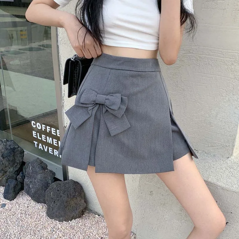 Bow Design High Waist Women A-line Pleated Skirt Grey Suit Skirts Elegant  Temperament Sweet Casual Spring Summer Korean Fashion