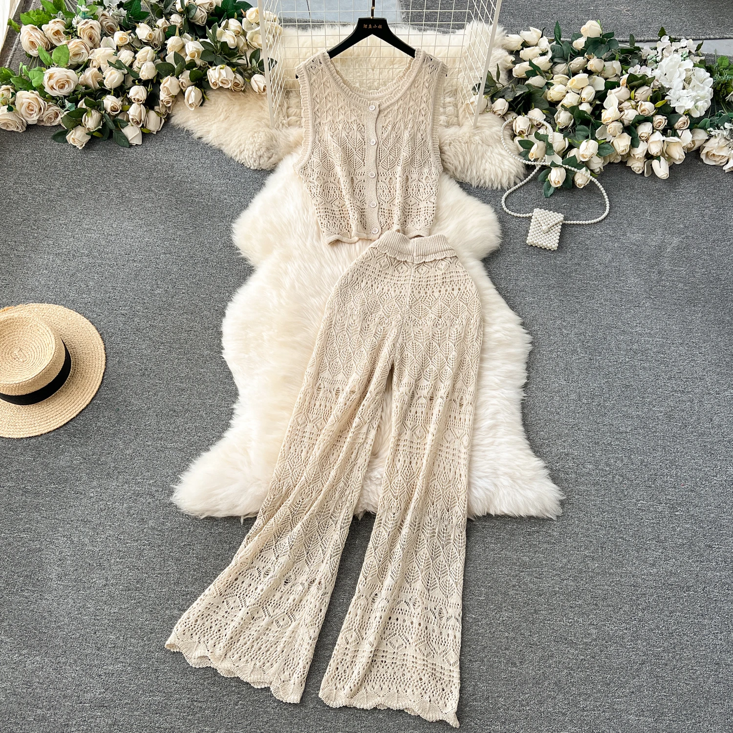 

Women Summer Bohemian Retro Holiday Style Set Heavy Industry Hook Flower Vest Tops + Straight Wide Leg Pants Two-piece Suits
