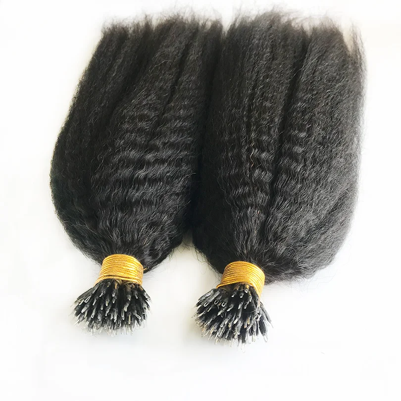 Peruvian Human Hair Nano Ring Extensions Kinky Straight Natura Color Hair Nano Tips Microlinks for Women