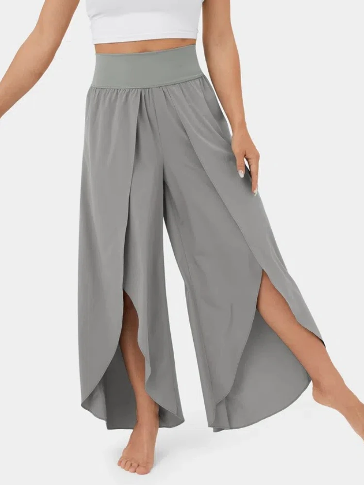 Women High Waist Wide Leg Pants Yoga Sweatpants Big Size Beach Boho High Split Trouser Loose Solid Elastic Waist Thin Pants