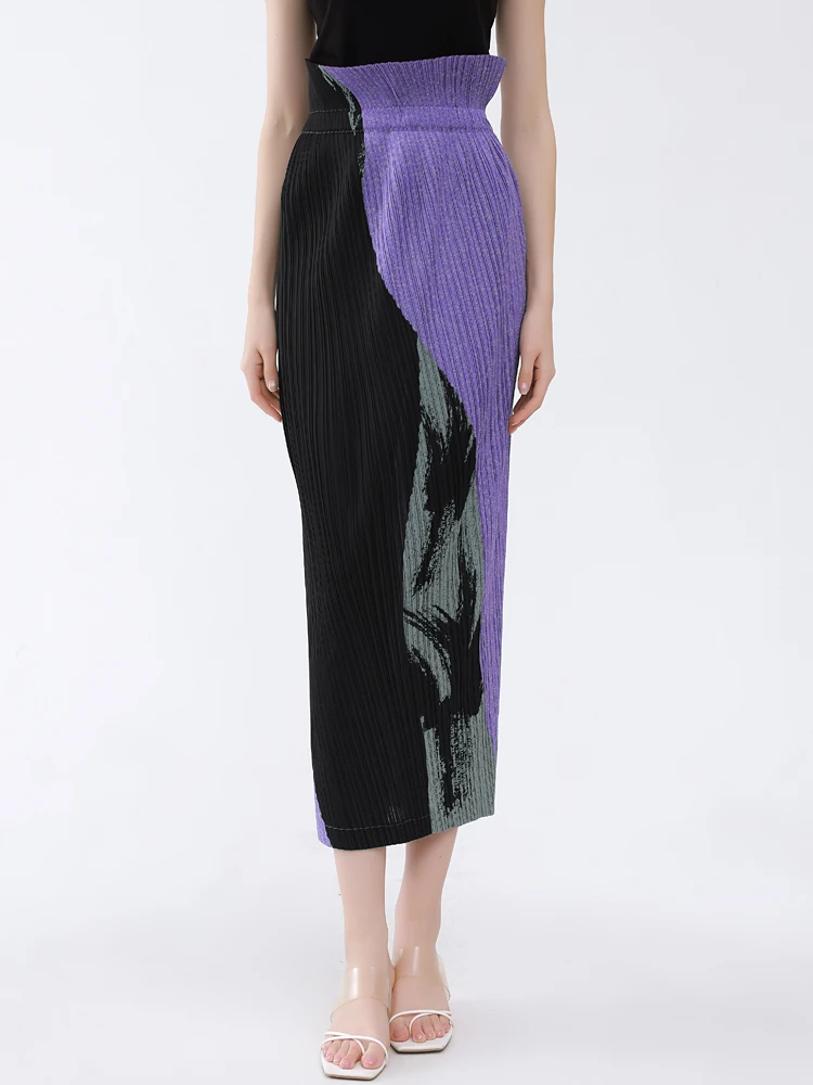 Miyake Pleated Purple Tie Dyed Printed High Waist Long Skirt Women 2023 New Korean Designer Back Zipper Split Half Skirt 2019 luxury brand strap designer belts for women men good quality genuine real leather belt g buckle waist belt for jeans