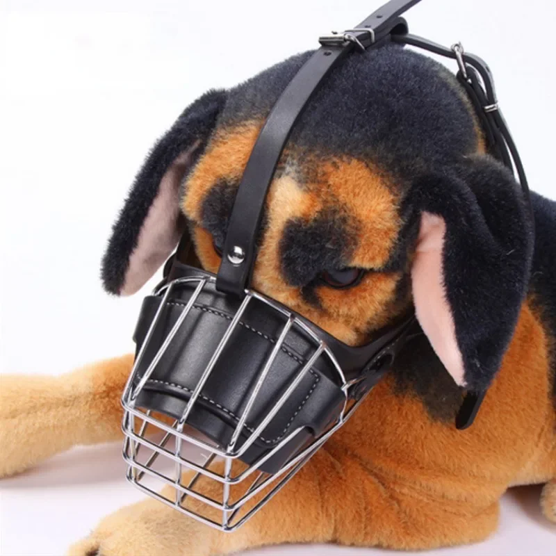 Pet Dog Adjustable Anti-Bite Metal Muzzle Breathable Leather Metal Basket Large Dog Mask Mouth Cover German Shepherd Pet Muzzle
