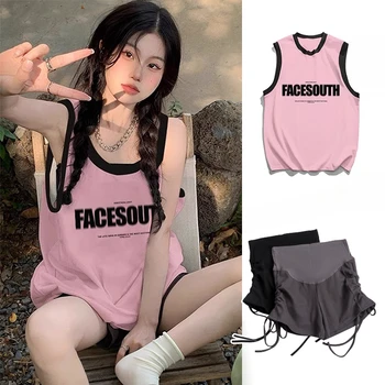 Summer Pregnant Woman Cotton Clothes Set Sleeveless Tank Top Drawstring Waist Shorts Maternity Pants Set Lounge Two-Piece Set
