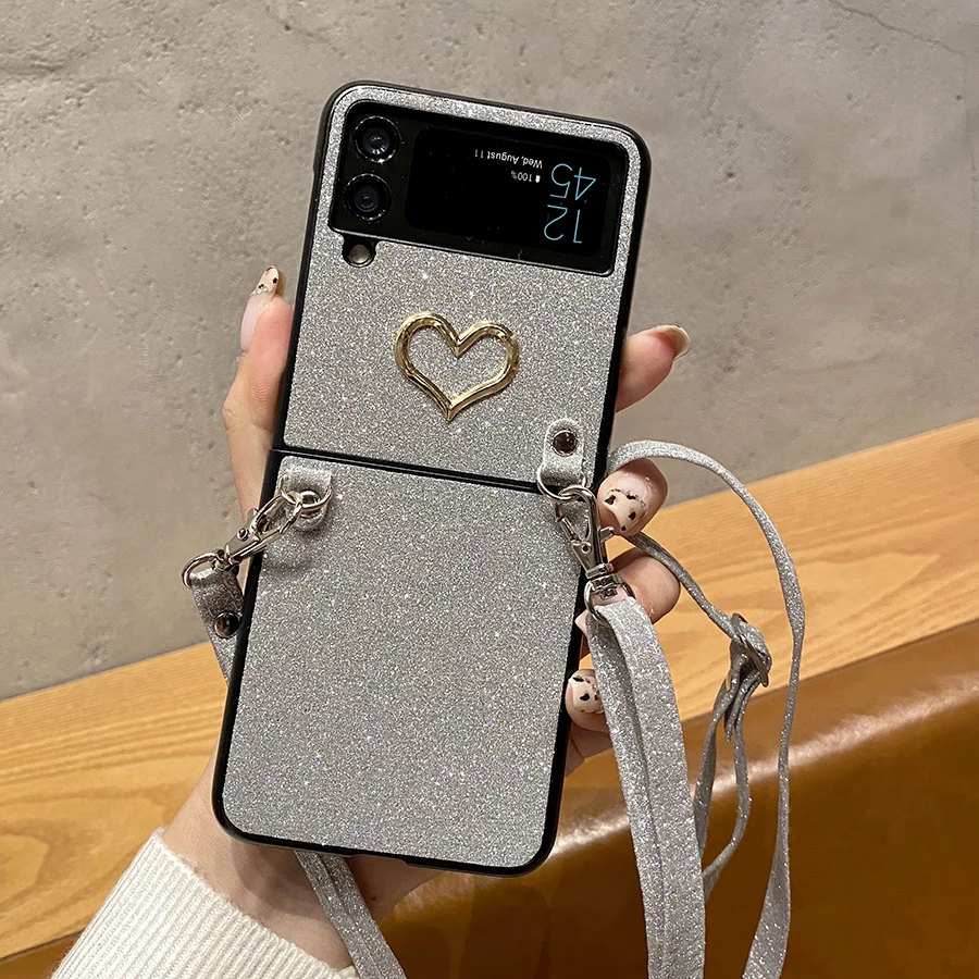 Glitter Bling Crossbody Strap Chain Case with Love Heart Design - Shockproof Fashion Cover