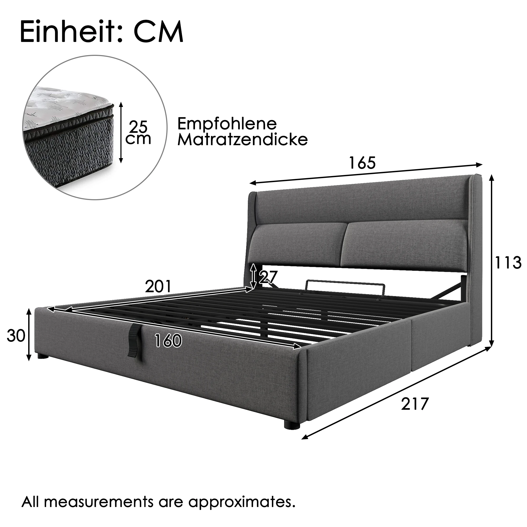 KOMHTOM Graues Polsterbett Doppelbett 160x200cm, Hydraulisches Stauraum-Bettgestell, Leinenmaterial, Metall-Lattenrost – Detail 10