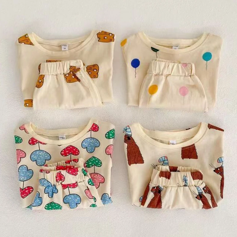 2Pcs Summer Baby Loose Short-sleeved Shorts Children's Pajamas Boys Girls Cool Home Wear Air-conditioning Clothing