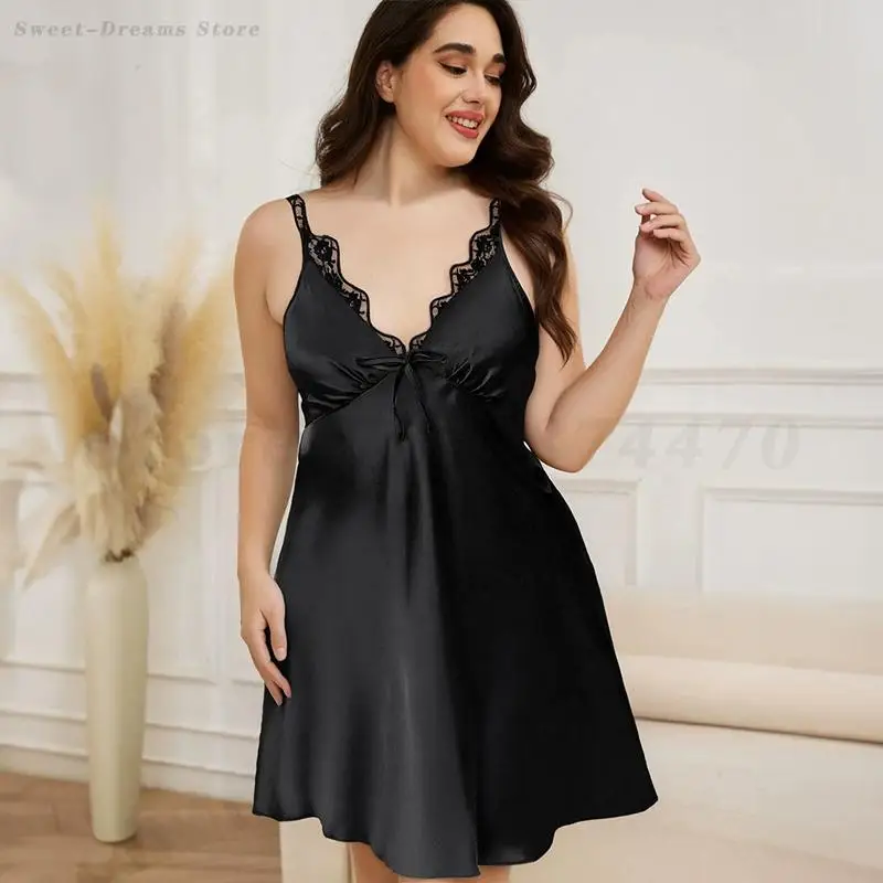 Plus Size 5XL Female Nightgown Sleepwear Sexy Black Tassels Spaghetti Strap Nightdress Nightwear Loose Silk Satin Home Dress