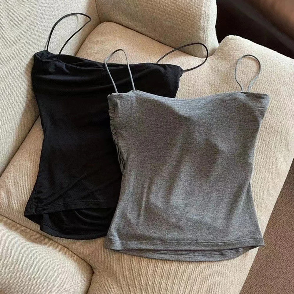 슬림핏 크롭탑 캐주얼 단색 조끼, 브래지어 내장 민소매 티, 플리츠 디자인 캐미솔 슬림 숄더 스트랩, 섹시 슬링