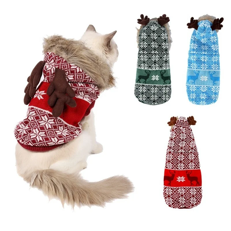 

Christmas Cat Coat Thickened Fur Collar Sweater Christmas Antlers Pet Clothes Snowflake Autumn and Winter Warm Dog Coat Jacket