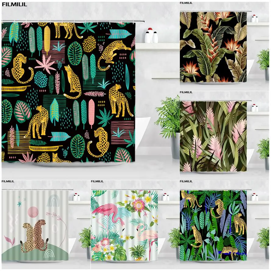 

Леопардовая занавеска для душа с рисунком фламинго, тропические растения, Пальмовые Листья, штора для ванны, Современная тканевая занавеска для ванной комнаты, Набор декоративных крючков