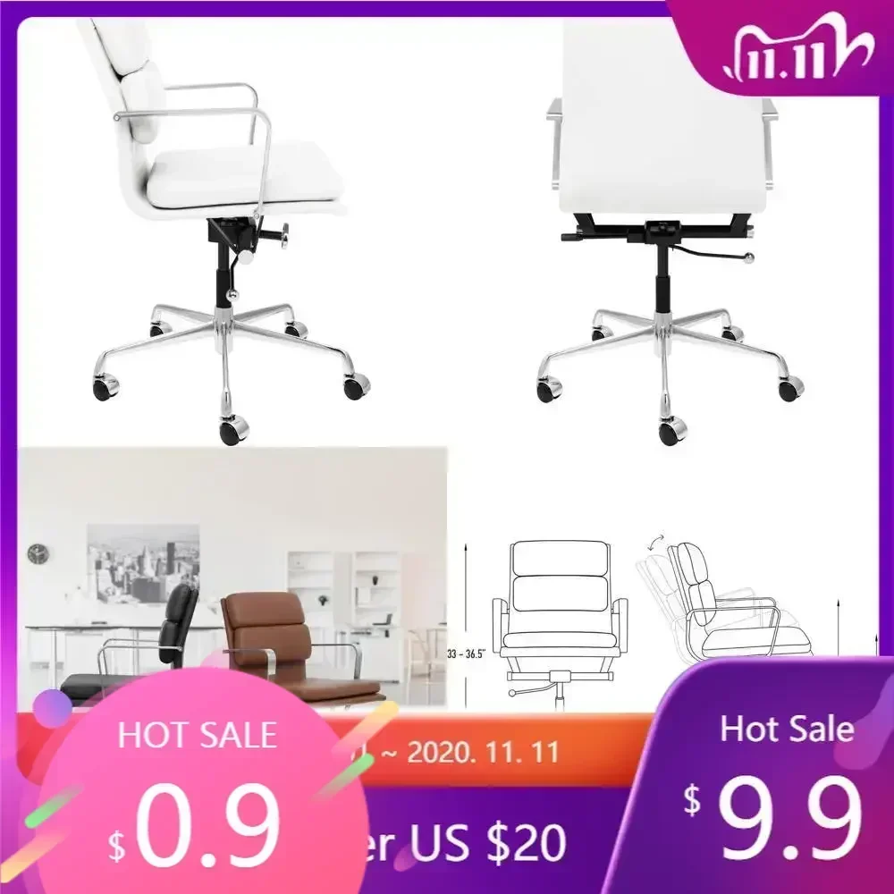 "mid-back ergonomic office chair with padded seat, swivel, and armrests - faux leather desk chair"