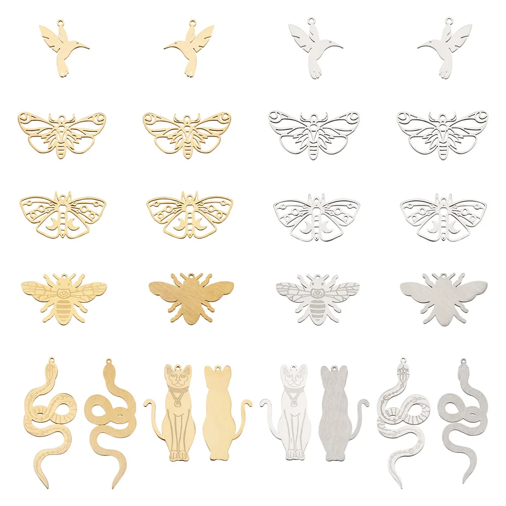 

24Pcs 201 Stainless Steel Pendant Laser Cut Hummingbird Bee Butterfly Snake Cat Charms for Jewelry Making DIY Bracelet Necklace