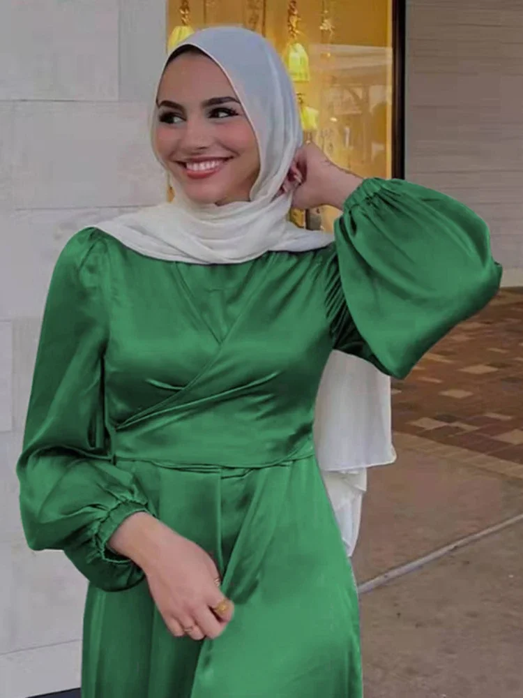 Satin Abaya Dress Ramadan EID Abayas for Women Dubai Party Muslim Dresses Turkey Islam Clothes Hijab Kaftan Robe Femme Musulmane