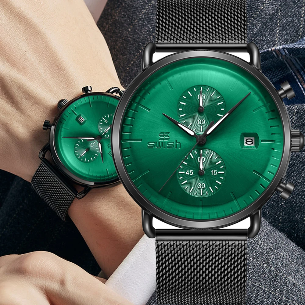 

SWISH Green Chronograph Japan Quartz Watch Men Military Pilot Wristwatch Calendar Date PVD Thin Mesh Belt 42mm Relogio Masculino
