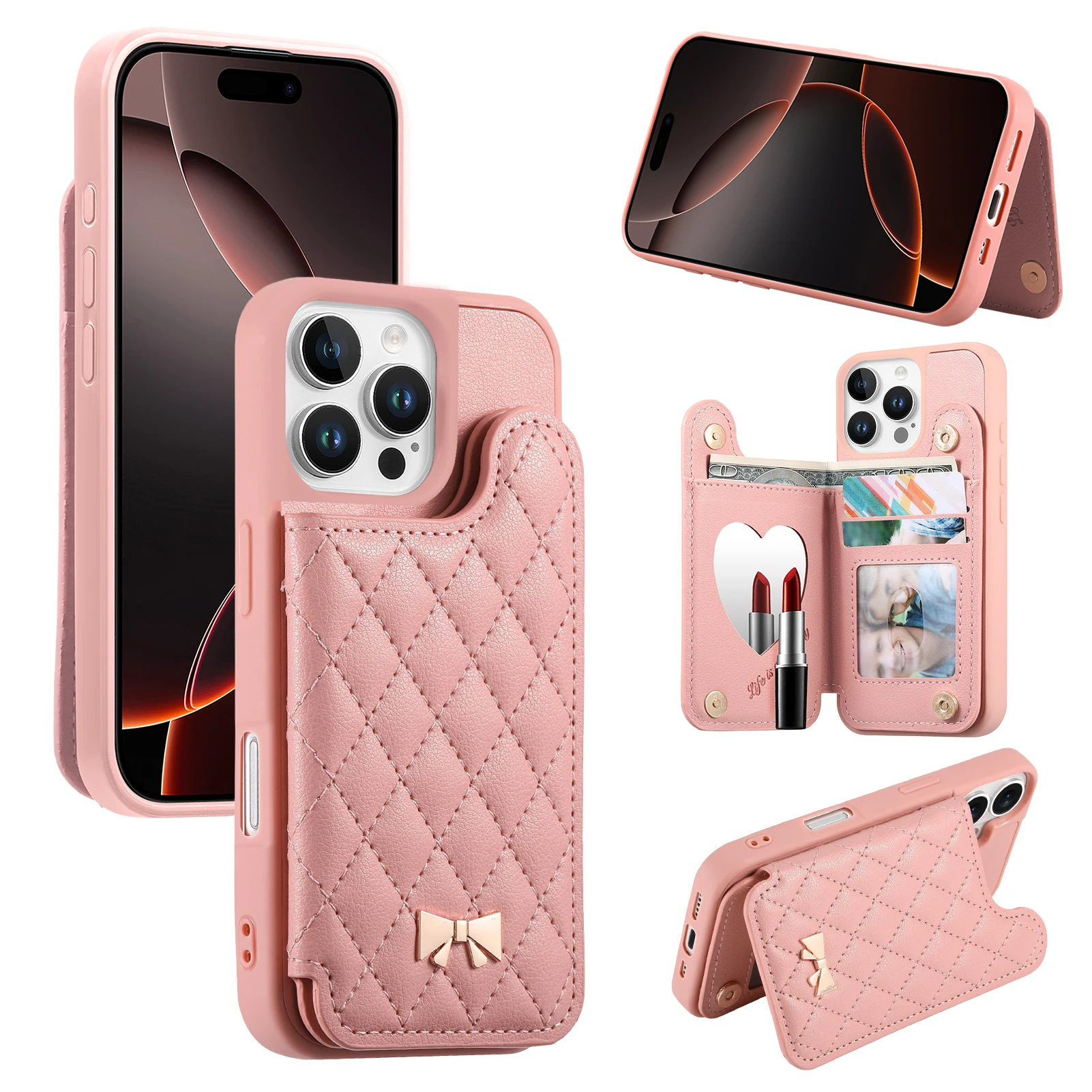 Grid Pattern Leather Phone Case with Built-in Mirror and Card Pocket Wallet Cover